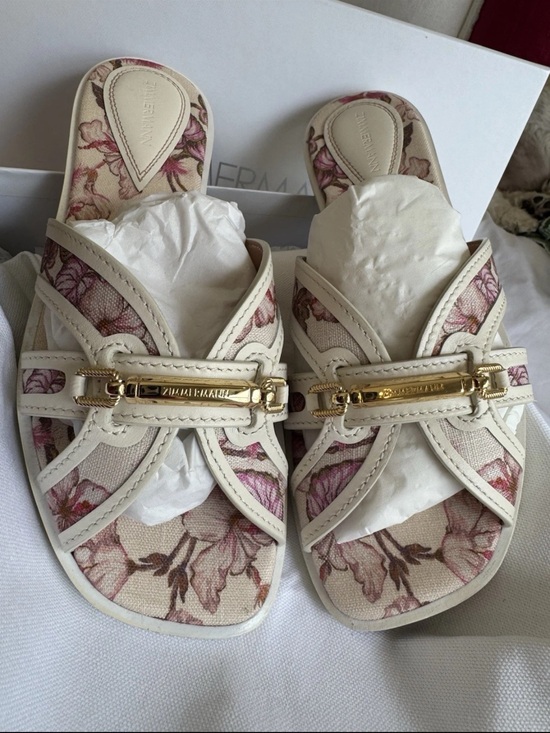 Zimmermann Shoes - Zimmerman Prisma Hibiscus coral  Floral Print Linen Slide Sandal, Size 38